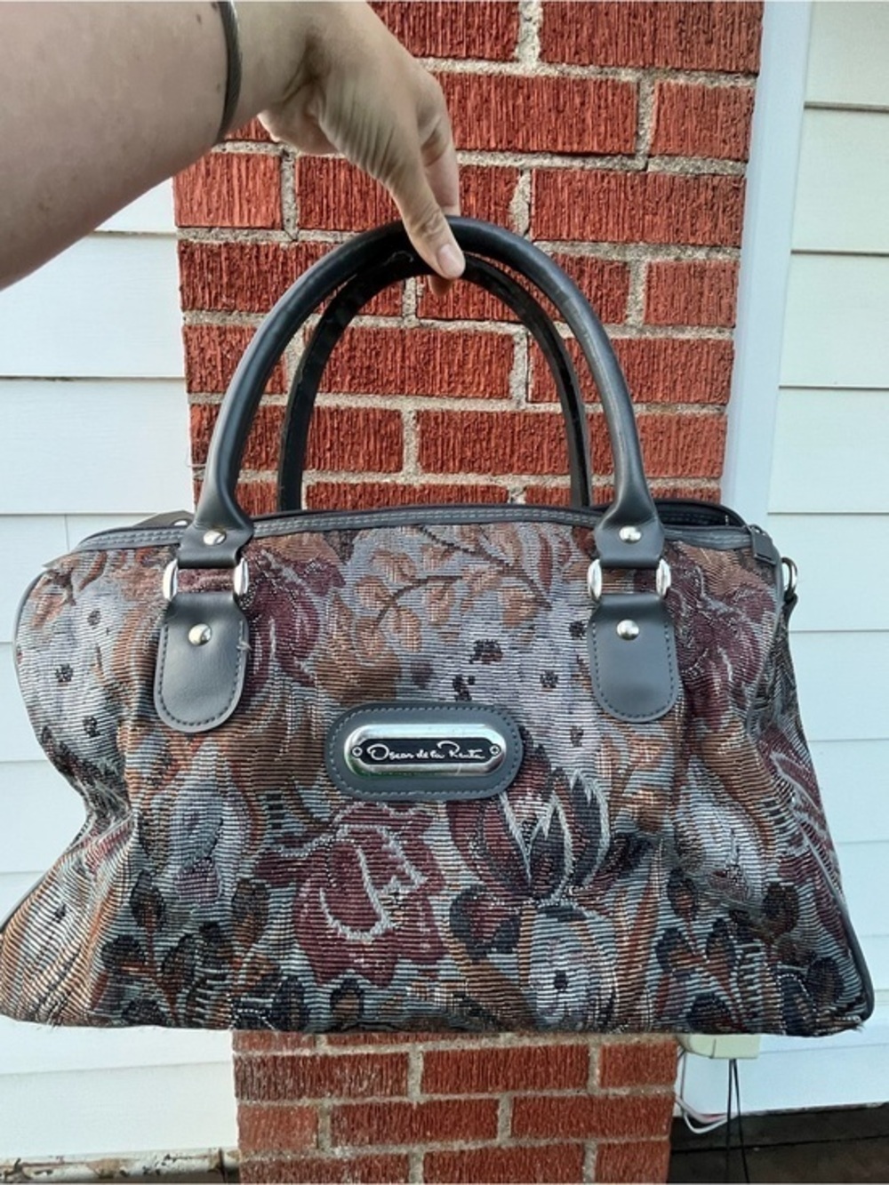 Oscar de la Renta Multicolor Floral Tapestry Satchel with Black Trim